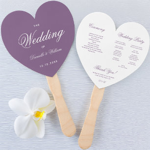 Dusty Purple White Script Wedding Program Heart Hand Fan