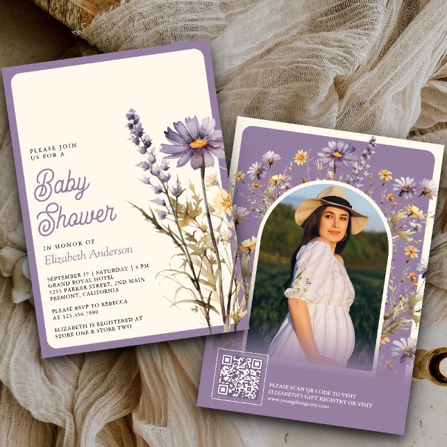 Dusty Purple Wildflower Photo QR Code Baby Shower Invitation (Creator Uploaded)