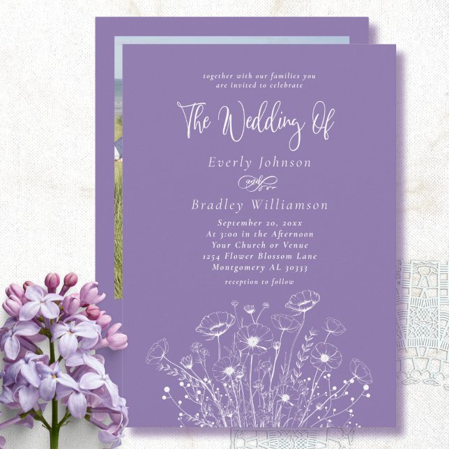 Dusty Purple Wildflower QR Code Photo Wedding  Invitation (Creator Uploaded)