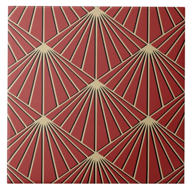 Dusty Red Art Deco Fan Pattern Diamond Tile (Front)