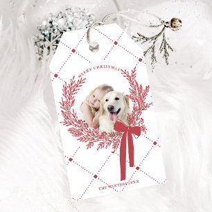 Dusty Red Christmas Wreath Photo Gift Tags