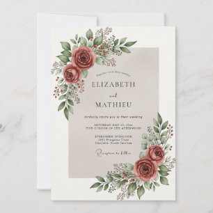 Dusty Red Romantic Botanical Wedding Invitation