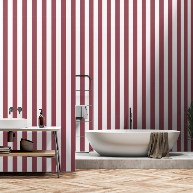Dusty Red White 3 Inch Wide Circus Stripe Wallpaper (Bathroom)