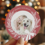 Dusty Red & White Christmas Wreath Photo Classic Round Sticker<br><div class="desc">For more advanced customisation of this design,  please click the DESIGN TOOL BUTTON above!</div>