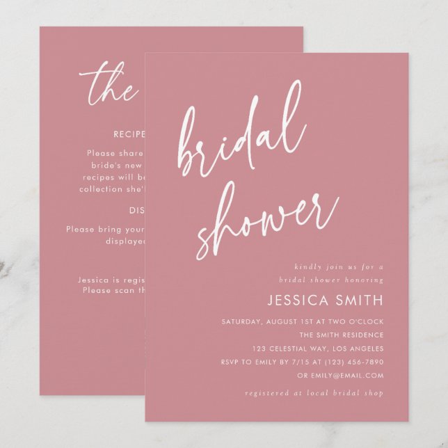 Dusty Rose All in One QR Code Bridal Shower Invitation (Front/Back)