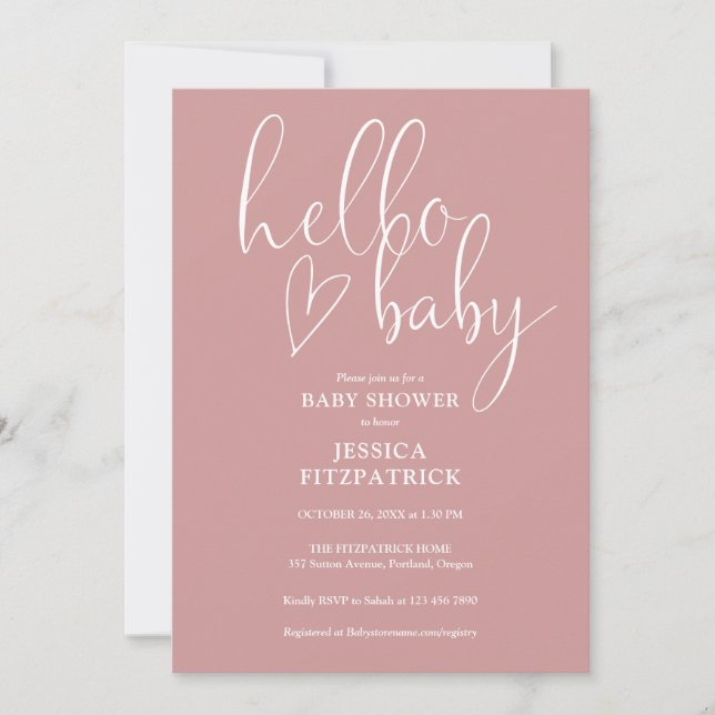 Dusty Rose All In One QR Code Hello Baby Shower Invitation (Front)