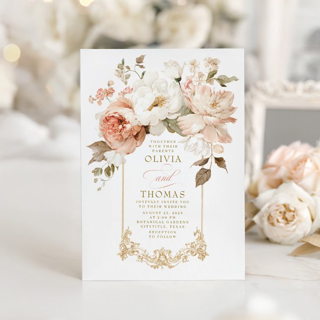 Dusty Rose and Beige Earthy Botanical Wedding Invitation (Victorian Flowers Elegant Chic Botanical Wedding Invitation)