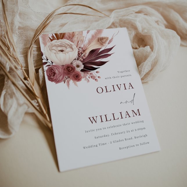 Dusty Rose and Burgundy Boho Elegance Wedding Invitation (Creator Uploaded)