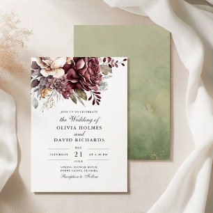 Dusty Rose and Burgundy Floral Boho Wedding Invitation
