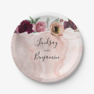 Dusty Rose and Burgundy Red Floral Vintage Wedding Paper Plate