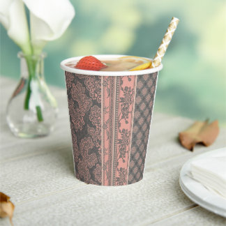 Dusty Rose and Charcoal Vintage Lace Wedding Paper Cups