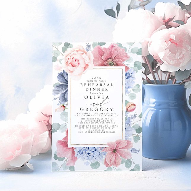Dusty Rose and Dusty Blue Floral Rehearsal Dinner Invitation (Dusty Blue Floral Rehearsal Dinner Invitations)