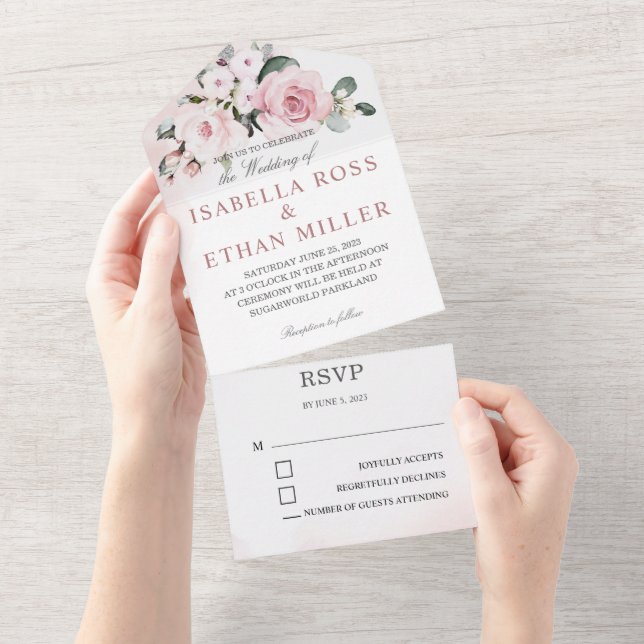 Dusty Rose and Grey Wedding All In One Invitation (Tearaway)
