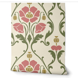 Dusty Rose and Olive Art Nouveau Poppy Damask Wallpaper