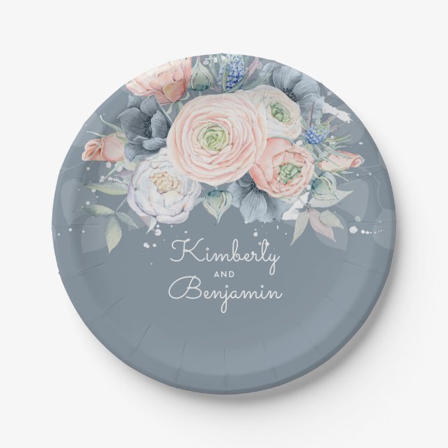Dusty Rose and Pale Blue Floral Elegant Wedding Paper Plate (Front)