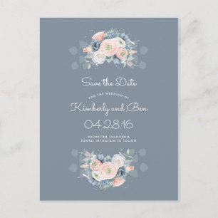 Dusty Rose and Pale Blue Floral Save the Date Announcement Postcard
