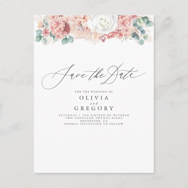 Dusty Rose and Peach Floral Save the Date Announcement Postcard (Front)