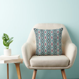 Dusty Rose and Teal Diamonds & Flowers Cushion