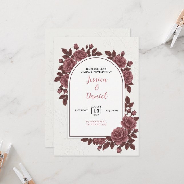 Dusty Rose Arch Floral Wedding Invitation (Front/Back In Situ)