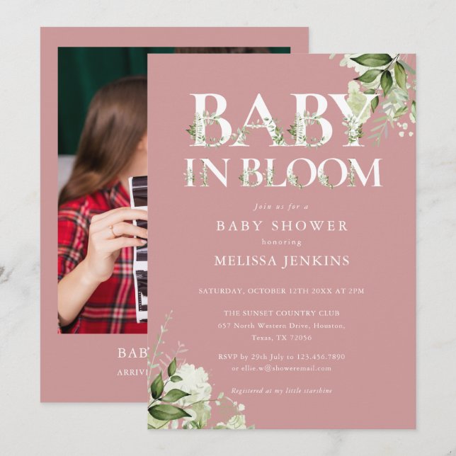 Dusty Rose Baby In Bloom Foliage Photo Baby Shower Invitation (Front/Back)