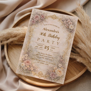 Dusty Rose Baroque Floral Frame 90th Birthday Invitation