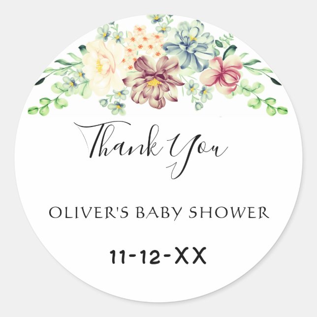 Dusty Rose Blue Floral Baby Shower Thank You Classic Round Sticker (Front)