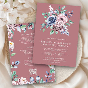 Dusty Rose Blue Pink Floral QR Code Wedding  Invitation