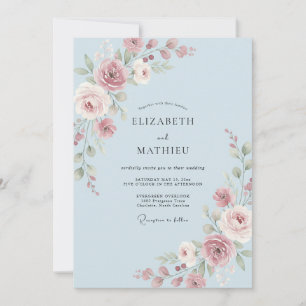Dusty Rose Blue Watercolor Floral Wedding Invitation