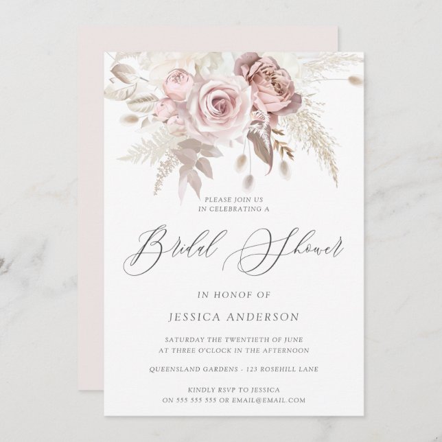 Dusty Rose Blush Boho Ivory Floral Bridal Shower I Invitation (Front/Back)