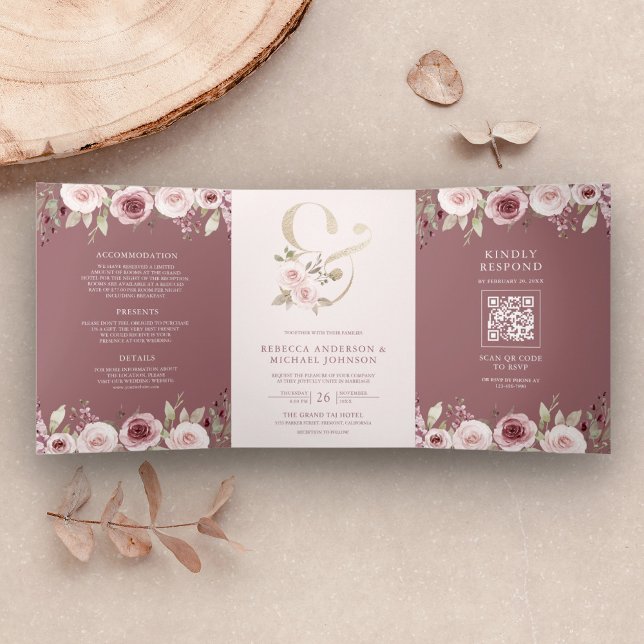 Dusty Rose Blush Floral Ampersand QR Code Wedding Tri-Fold Invitation (Creator Uploaded)