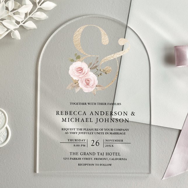 Dusty Rose Blush Floral Ampersand Wedding Acrylic Invitations (Creator Uploaded)