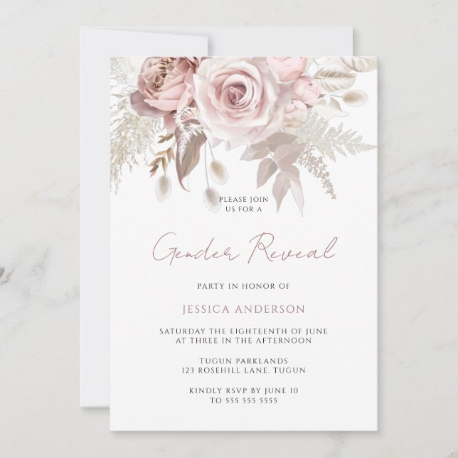 Dusty Rose Blush Floral Gender Reveal Party Invitation (Front)