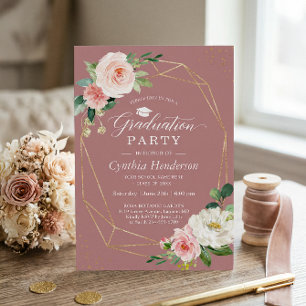 Dusty Rose Blush Floral Gold Geometric Graduation Invitation