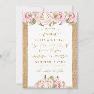 Dusty Rose Blush Floral Golden Sand Foil Wedding Invitation