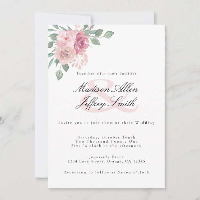 Dusty Rose Blush Floral Wedding Invitation (Front)