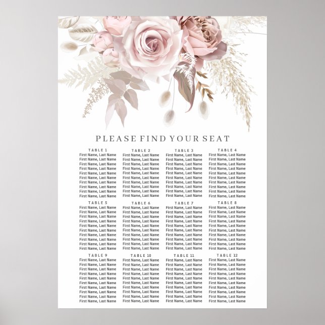 Dusty Rose Blush Floral Wedding Seating Chart (Front)