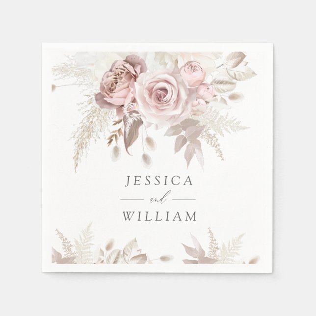 Dusty Rose Blush Ivory Floral Wedding Reception Napkin (Front)
