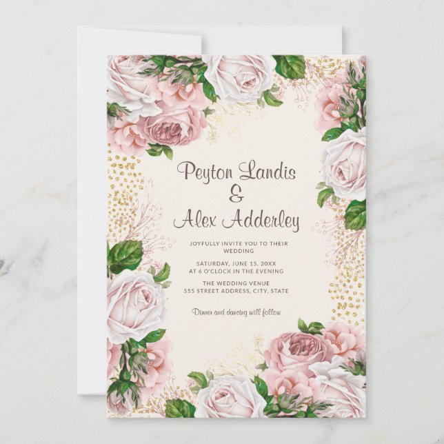 Dusty Rose Blush Pink Floral Gold Glitter Wedding Invitation (Front)