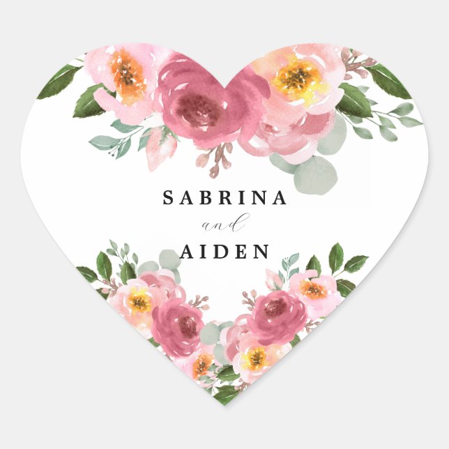 Dusty Rose | Blush Pink Floral Wedding  Heart Sticker (Front)