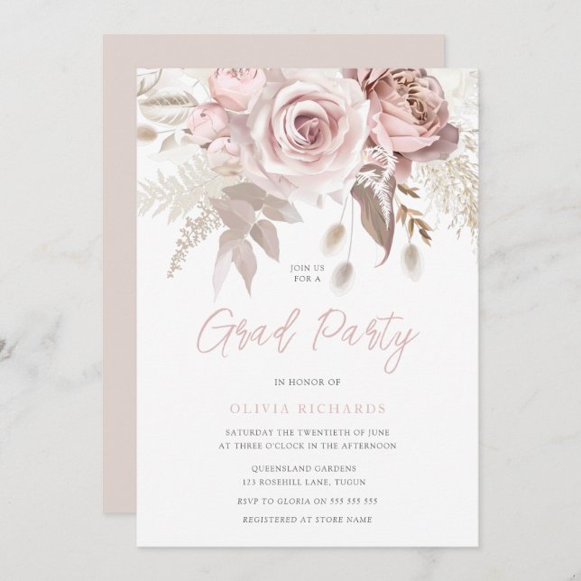 Dusty Rose Blush Pink Roses Grad Party Graduation Invitation (Front/Back)