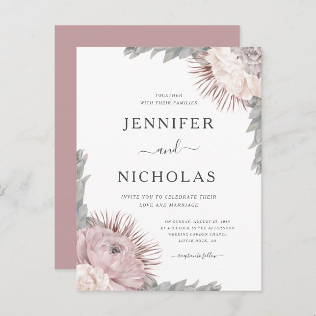 Dusty Rose Boho Dried Flowers Wedding Invitation  (Front/Back)
