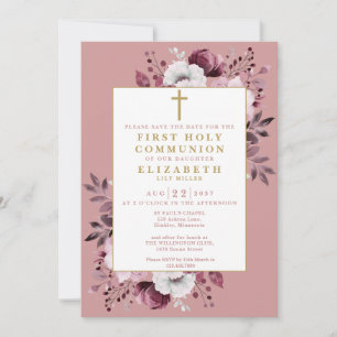Dusty Rose Boho Floral First Holy Communion Save The Date