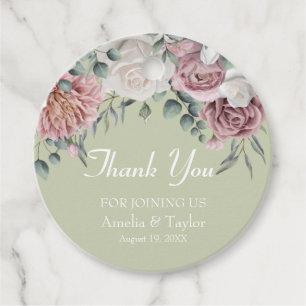 Dusty Rose Boho Floral Olive Green Round Favour Tags