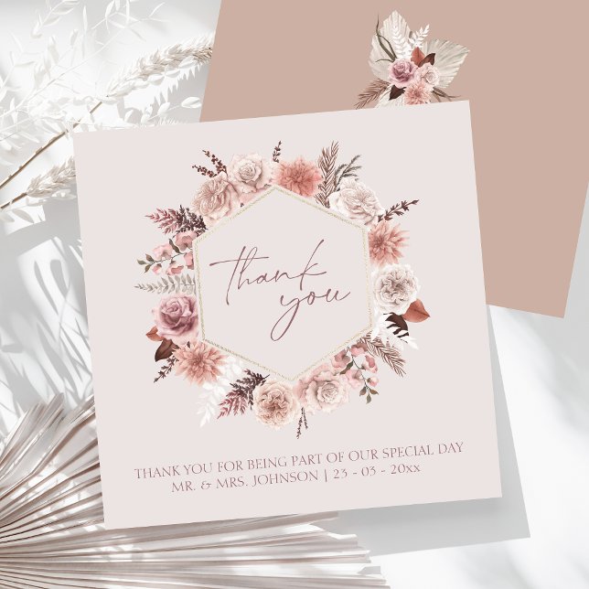 Dusty Rose Boho Pampas Flat Wedding Thank You Card (Boho Dusty Pink Dried Flowers Wreath Wedding Thank You Card)