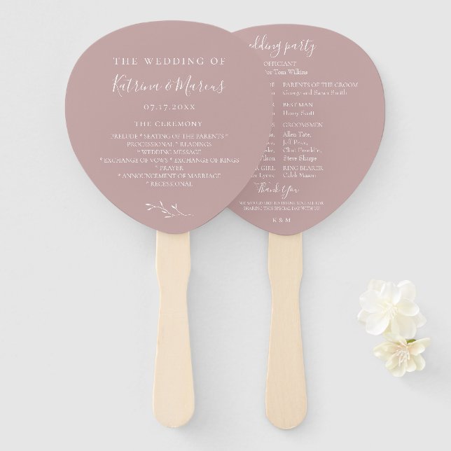 Dusty Rose Botanical Branch Wedding Program Hand F Fan (Front and Back)