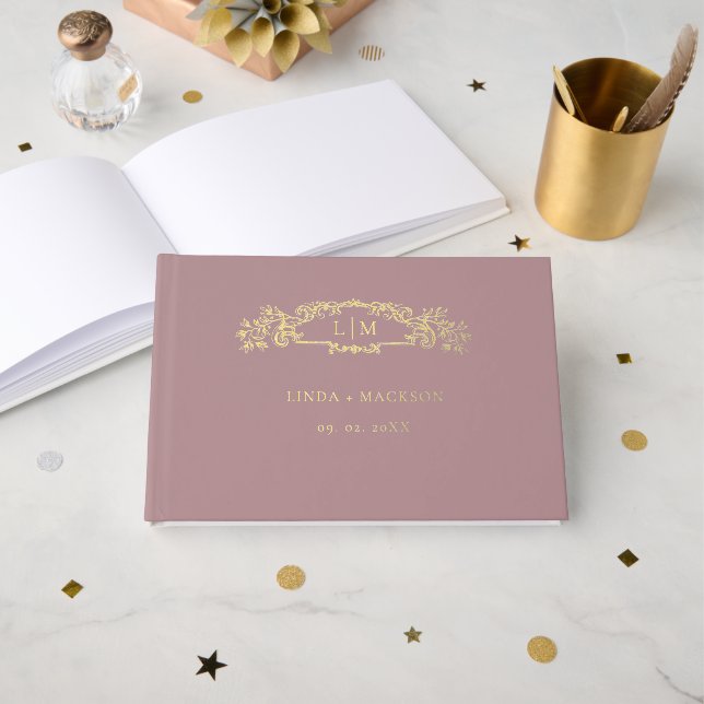 Dusty Rose botanical crest monogram wedding Guest Book (Front Open)