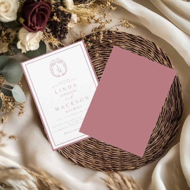 Dusty Rose botanical crest monogram wedding Invitation (Creator Uploaded)