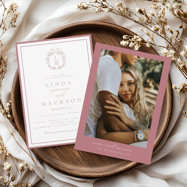 Dusty Rose botanical crest monogram wedding Invitation (Creator Uploaded)