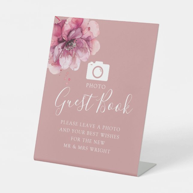 Dusty Rose Botanical Photo Guest Book Wedding Pedestal Sign (Front)