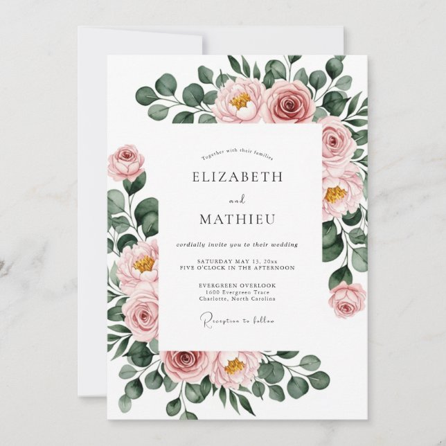 Dusty Rose Botanical Spring Wedding Invitation (Front)